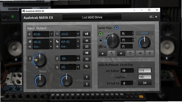 Audiotrak MAYA EX声卡ASIO驱动的主界面截图,展示其控制面板的音频输入输出设置、采样率调节选项以及ASIO缓冲区大小设置区域,背景为深色专业音频工作站风格,画面主体为软件操作界面,细节清晰,风格写实