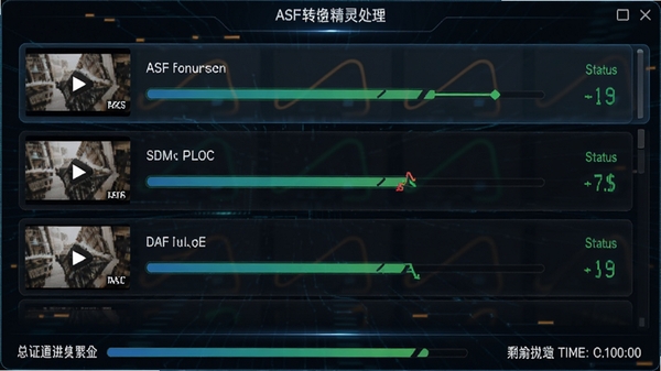 ASF转换精灵批量处理界面,显示多个视频文件正在排队转换,每个文件旁有进度条与状态标识,界面底部显示总进度与剩余时间,整体画面富有科技感