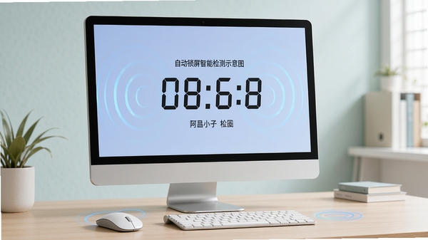 阿昌小子自动锁屏智能检测示意图,画面中一台电脑显示器上显示时间倒计时,鼠标和键盘旁有动态波纹线条表示检测状态,背景为简约办公环境,色调淡雅