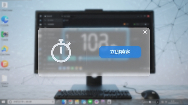 阿昌小子自动锁屏主界面预览图,画面中央为简洁的锁屏设置面板,背景是模糊的电脑桌面,左侧显示计时器图标,右侧有“立即锁定”按钮,整体风格清爽明亮,科技感十足