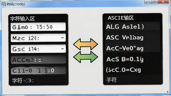 ASCII码转换器双向转换功能示意图,左侧字符输入区,右侧ASCII码输出区,中间有双向箭头指示,背景为浅灰色工作台,软件界面明亮,突出转换过程