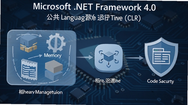 一张关于Microsoft .NET Framework 4.0 公共语言运行时(CLR)的功能示意图,画面包含抽象的内存管理模块、线程调度图标以及代码安全盾牌,背景是深蓝色科技感电路板纹理,整体风格清晰易懂,强调其在系统底层支撑软件运行的关键作用。