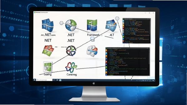 一幅展示Microsoft .NET Framework 4.0 软件核心功能的预览图,画面中央是一个现代化的Windows电脑屏幕,屏幕上显示着各种基于.NET框架运行的软件图标和代码片段,背景为抽象的科技蓝色数字流,整体风格专业且清晰,突出软件作为系统运行基础组件的重要性。