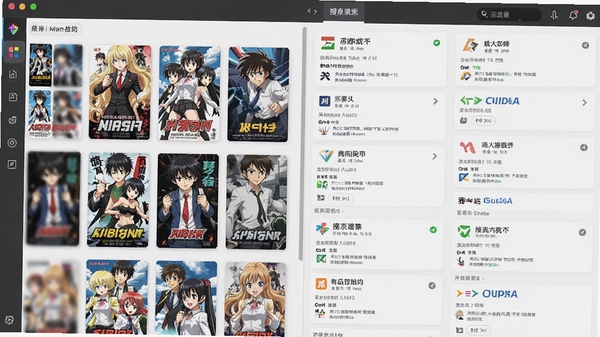 动漫大师聚合搜索功能示意图,画面展示软件界面内多个资源站结果并列显示,左侧为动漫海报墙管理界面,风格清晰直观
