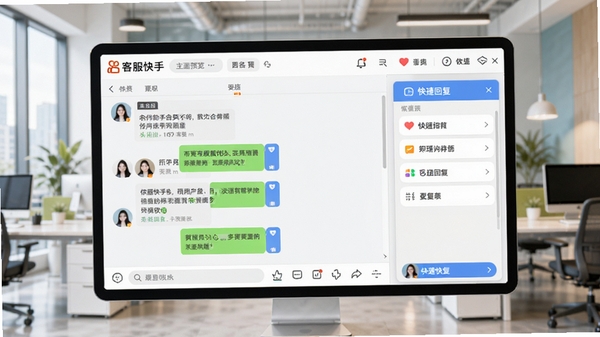 客服快手主界面预览图,展示整洁的聊天窗口与快捷回复面板,背景为现代办公环境,色彩明亮清晰