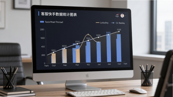 客服快手数据统计图表展示,包含柱状图和趋势线,背景为办公桌面,色调专业沉稳