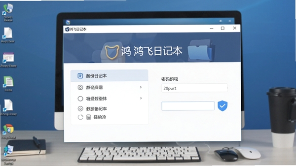 鸿飞日记本数据备份与加密设置界面,展示备份选项和密码输入框,界面简洁,强调安全可靠,背景为电脑桌面,突出软件名称鸿飞日记本,风格专业