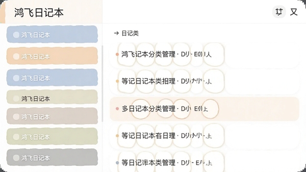 鸿飞日记本多日记本分类管理界面示意图,左侧显示多个日记本名称,右侧展示不同分类的日记条目,界面干净整洁,突出软件名称鸿飞日记本,色彩柔和,适合功能展示