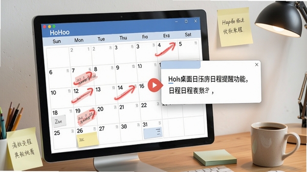 HoHoo桌面日历日程提醒功能示意图,桌面日历上显示红色标记的日期和弹出提醒窗口,窗口中显示日程文字,桌面上有便签和咖啡杯等元素,营造高效办公氛围。