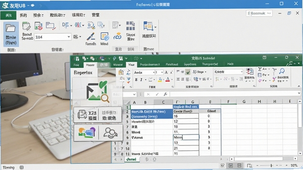 用友U8系列EXCEL取数工具主界面截图,展示工具栏与Excel表格融合的清爽界面,背景为办公桌面,突出数据提取功能按钮
