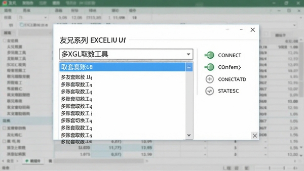 用友U8系列EXCEL取数工具多账套切换界面,显示账套列表下拉菜单与连接状态图标,背景为模糊的财务报表