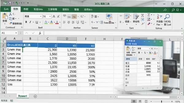 用友U8系列EXCEL取数工具运行效果图,展示Excel内提取出的财务数据表格,背景为模糊的办公环境,强调工具与Excel的融合