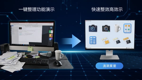 桌面清理工具一键整理功能演示图,画面左侧为杂乱无章的电脑桌面,右侧为点击整理按钮后自动分类完成的整洁桌面,中间用箭头连接,背景为科技感十足的深蓝色网格,突出软件智能分类的快速与高效