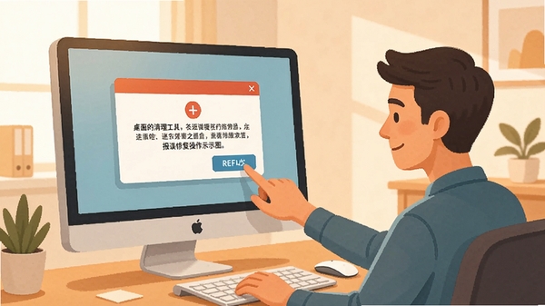 桌面清理工具报错修复操作示意图,画面展示电脑屏幕前有错误弹窗,旁边有操作人员正在点击修复按钮,背景为简洁的办公室环境,色调偏暖,强调问题解决的轻松感