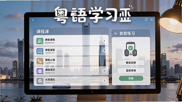 粤语学习软件主界面预览图,展示课程列表与发音练习面板,背景为珠江新城天际线,前景为电脑屏幕特写,暖色调灯光,高清细节,软件名称醒目显示