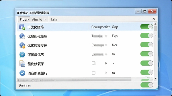 软件功能界面展示加载项管理列表,IE优化修复专家窗口内显示多个插件条目与启用禁用开关,界面简洁直观,背景为淡蓝色渐变,渲染出清爽的优化效果