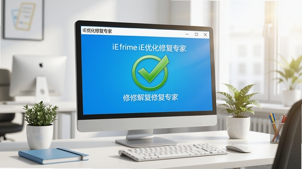 电脑桌面上运行着IE优化修复专家软件,界面显示修复完成的对勾状态,整体色调明快,背景为干净的办公室环境,寓意问题解决后的舒畅感
