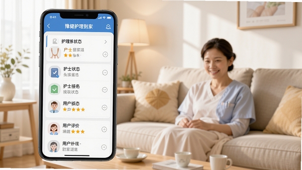 豫健护理到家软件界面预览,手机屏幕显示护理服务列表、护士接单状态、用户评价星级等元素,背景为明亮温馨的客厅一角,突出居家护理场景,画面清晰真实,色彩柔和,适配移动端UI设计风格