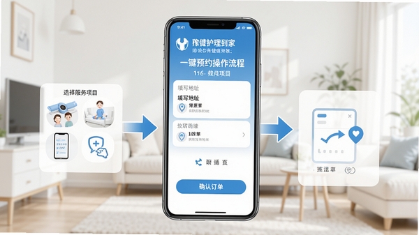 豫健护理到家一键预约操作流程演示图,手机界面显示选择服务项目、填写地址、确认订单三个步骤,背景为简洁的室内环境,突出便捷高效,画面干净明亮,配以箭头指示,便于理解