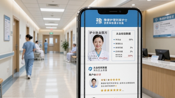 豫健护理到家护士资质审核展示界面,手机屏幕显示护士执业证书照片、从业经验数据、用户好评截图,背景为医院走廊或护理站,突出专业与信任感,画面清晰可信