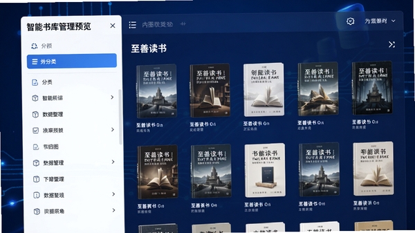 至善读书的智能书库管理功能预览图,画面展示软件内部分类清晰的书籍列表,左侧为分类栏,右侧为带封面的书籍网格,背景为深蓝色的科技感渐变,突出数据整理与归纳的视觉效果