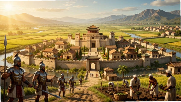文明起源游戏主视觉图,画面中央是一座繁荣的古代城市,背景是辽阔的田野与远山,前景有士兵和农民劳作,整体色调温暖明亮,体现文明发展的蓬勃生机,采用写实风格,高分辨率,适合作为游戏宣传封面
