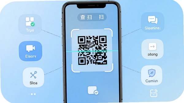 查扫一扫二维码主界面展示,一款安装在智能手机上的扫码工具,界面简洁,中央有扫描框,背景为浅蓝色渐变,周围有功能按钮,整体风格现代清新,适合作为软件预览图