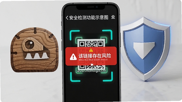 查扫一扫二维码安全检测功能示意图,手机屏幕显示扫描到一个网址,弹出红色警告框提示“该链接存在风险”,背景为木马图标与盾牌元素,整体风格警示明显,突出安全保护特性