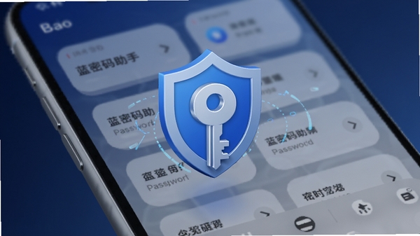 蓝密码助手主界面概览,画面中央悬浮一个蓝色盾牌与钥匙结合的立体图标,背景是毛玻璃质感的手机操作界面,隐约可见密码列表的圆角卡片排列,整体色调深蓝与银灰渐变,科技感十足,画面干净无文字水印