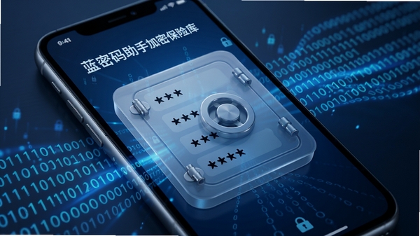 蓝密码助手加密保险库功能展示,手机屏幕内显示一个半透明的保险库界面,密码条目以星号遮盖,背景有流动的二进制数字与蓝色光效,突出安全守护氛围,画面质感细腻,无文字水印
