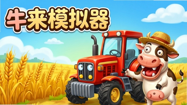 一张充满趣味性的手机游戏宣传图,画面中央是一辆卡通风格的红色拖拉机,背景是金黄色的麦田和蓝天白云,整体色调明亮欢快,画面左上角有“牛来模拟器”五个大字,采用圆润可爱的字体,拖拉机旁有一只戴着草帽的卡通牛,表情夸张搞笑,整体风格轻松幽默,符合休闲游戏宣传图的特征。