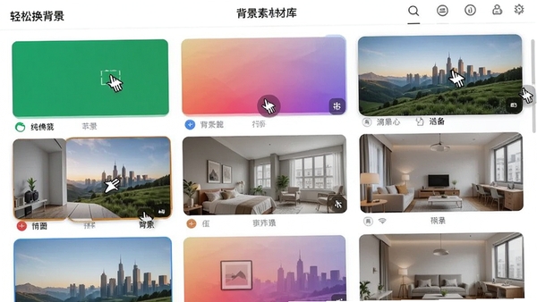 轻松换背景内置背景素材库界面,展示多个分类的缩略图,包括纯色、渐变、风景、室内等风格,界面采用网格布局,鼠标悬停显示预览效果,整体视觉整齐美观。