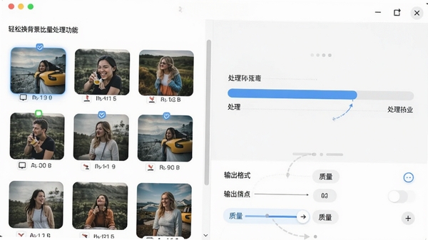 轻松换背景批量处理功能界面,左侧列表显示多张待处理图片,右侧为处理进度条,下方为输出格式与质量选项,界面设计清晰,强调高效处理能力。