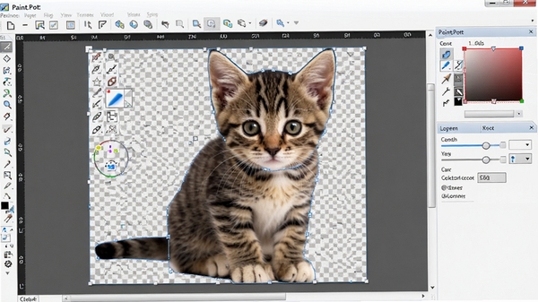 һ��չʾPaint.NET�����п�ͼ�������̵Ľ�ͼ����棬��������һֻСè��ͼƬ��Сè������ѡ����ǣ�������͸�����̸�״����Χ��ʾħ��������ѡ������������壬����ϸ�ڷḻ��ɫ����Ȼ�����дʵ��ͻ�������Ŀ�ͼ���ܣ�ͼƬ����Ϊ16:9������������