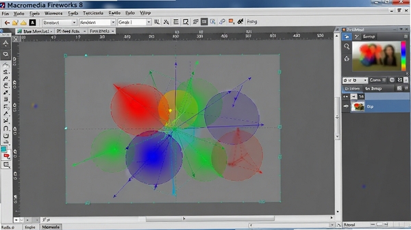 Macromedia Fireworks 8 �༭������ͬʱ��ʾʸ��·����λͼͼ�㣬�������в�ɫͼ�κͰ�͸��Ч����չʾ��ϱ༭����