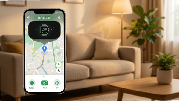 360电话手表的手机控制端界面全景预览图,画面展示手机屏幕中地图定位界面与手表绑定状态,背景为温馨的家庭客厅环境,沙发与绿植点缀,暖色调光线,整体风格简洁明快,突出智能守护的主题