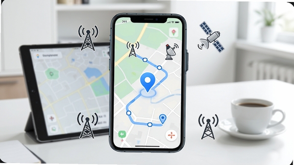 360电话手表APP内定位功能截图风格展示,手机屏幕中央显示高清地图,带有蓝色定位图标和轨迹线条,周围环绕信号塔与卫星图标示意多重定位,背景为简约的现代书房,桌面有平板电脑与咖啡杯,光线明亮清晰