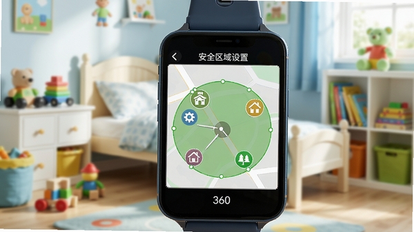 360电话手表安全区域设置界面展示,手机屏幕上显示圆形地图,带有绿色安全区域范围,周围有学校、家、公园的图标,背景是明亮的儿童卧室,有玩具和书架,色彩活泼,光线柔和