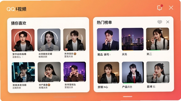 QQ��Ƶ����������Ƽ�ҳ��Ч��ͼ��չʾ�����û�ϲ�����ɵĸ��Ի�����ģ�飬����������ϲ�����͡����Ű񵥡����򣬽������ʱ�У���Ƭʽ���֣�����Ϊůɫ������
