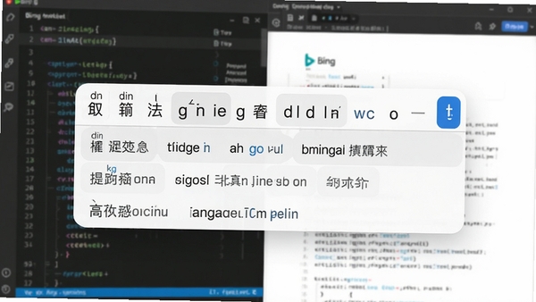 必应Bing输入法智能中英混输功能演示图,输入框内同时显示中文拼音与英文单词,联想候选词包含中英文混合选项,背景为代码编辑器或文档页面,突出高效办公场景