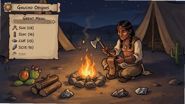 Gaucho Origins �����������棬��ɫ���������ù�������Ƥ�ﻤ�ߣ����԰ڷ������ƹ���ľ����ʯ�Ȳ��ϣ�ҹ��Ӫ�ط�Χ��ůɫ��⣬�ֻ���UI��ʾ�����˵��б���ϸ����ʵ