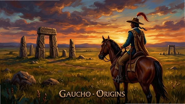 Gaucho Origins游戏主界面,展示广袤的潘帕斯草原,一名高乔骑士骑马眺望远方,背景有古老的石阵与晚霞,手绘油画风格,色彩浓郁,细节丰富,整体氛围神秘而壮阔
