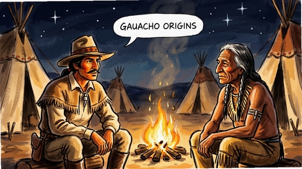 Gaucho Origins角色对话场景,高乔骑士与部落长者围坐在篝火旁,火光映照在脸上,背景是星空与帐篷,手绘风格,暖色调,强调故事氛围