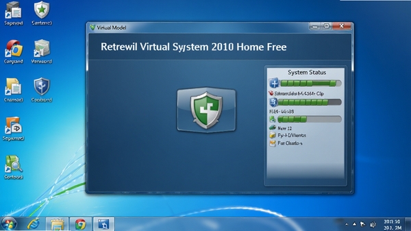 Returnil Virtual System 2010 Home Free 主界面预览图,展示虚拟模式开关按钮与系统状态面板,背景为简洁的Windows桌面环境,图标清晰可见,整体色调偏冷蓝,给人安全可靠的视觉感受