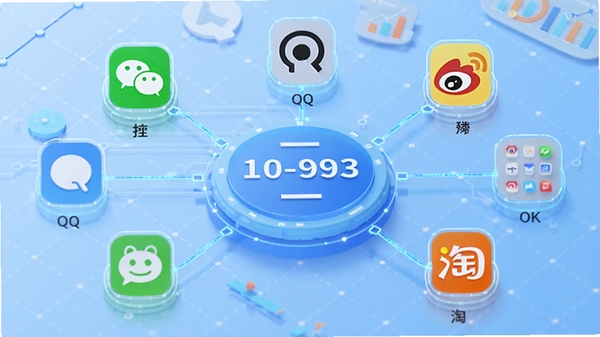 Lo查查社交账号关联查询示意图,画面中央是一个手机号码图标,周围环绕微信、QQ、微博、淘宝等社交平台的小图标,线条连接表示关联关系,背景为浅蓝色网格,整体风格科技感与数据可视化结合,清晰展示关联结果