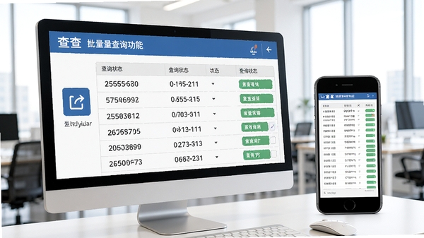 Lo查查批量查询功能界面,电脑屏幕或手机屏幕上显示一个表格,表格中有多行号码及对应的查询状态,一侧有导出按钮图标,背景为明亮办公环境,整体风格商务简约,强调效率与数据管理