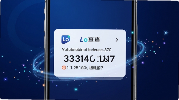 Lo查查主界面展示,手机屏幕显示号码查询结果页,背景为深蓝色科技感渐变,屏幕中央有一个放大的手机号码卡片,卡片上清晰标注“Lo查查”品牌名和查询结果摘要,四周有光影粒子效果,整体风格现代简洁,适配移动端竖屏展示,高清渲染