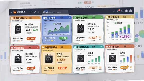 返利省钱购多平台对比界面,屏幕分成多个小窗口展示不同电商平台的同一商品价格与返利金额,色彩鲜明,数据可视化图表清晰展示省钱幅度,背景为浅灰色商务风格