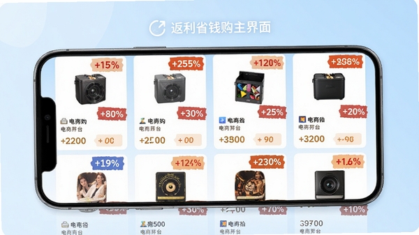 返利省钱购主界面展示,手机屏幕显示各类电商平台的商品列表,带有返利百分比和优惠券金额标签,背景为清新的淡蓝色渐变,商品卡片以网格布局排列,整体画面明亮简洁,突出省钱购物的核心功能