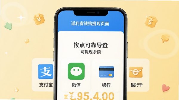 返利省钱购提现页面,显示可提现余额和多种提现渠道图标,如支付宝、微信、银行卡,背景采用淡黄色暖色调,设计直观友好,强调安全可靠与即时到账
